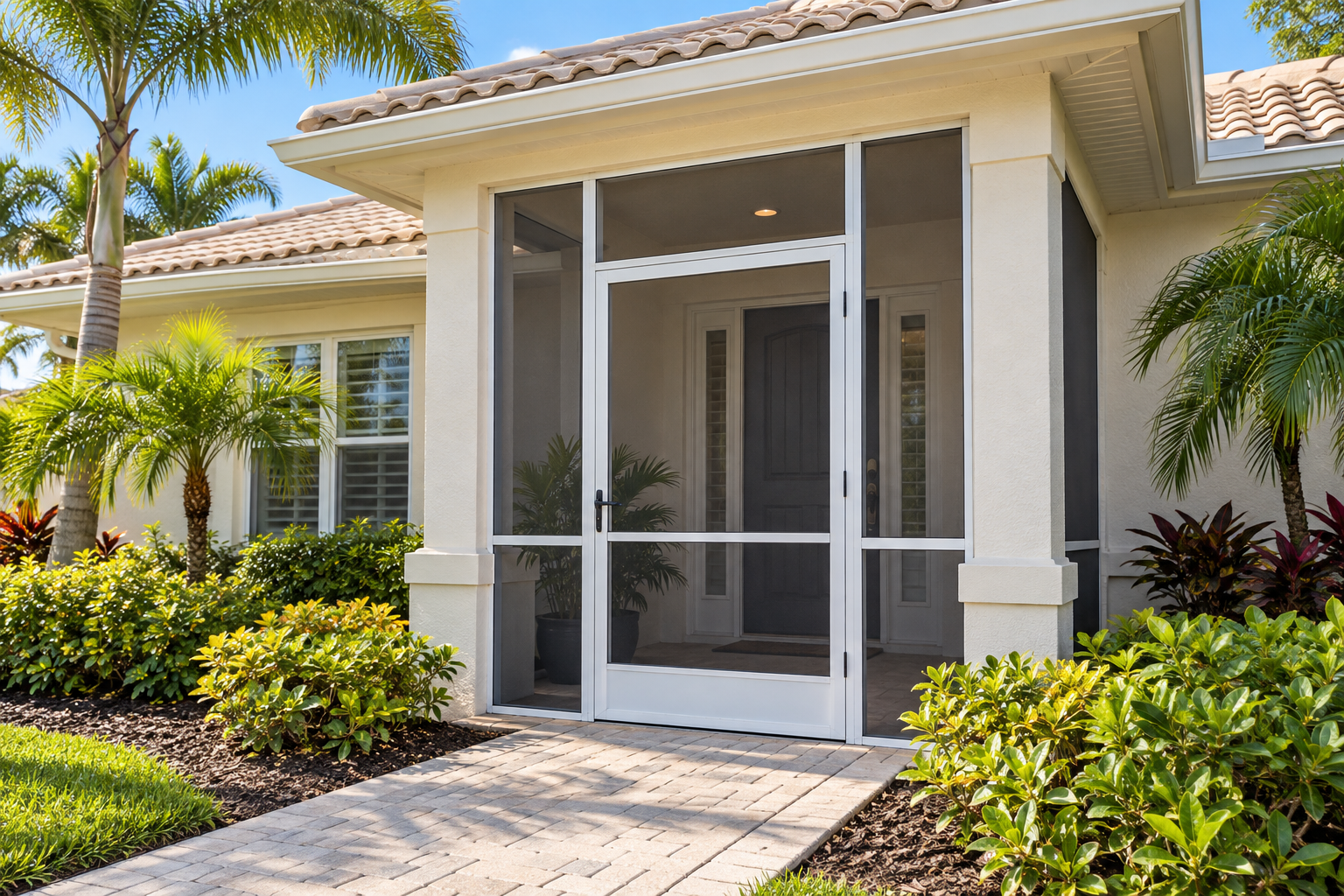White aluminum screened front entryway on a South Florida home.