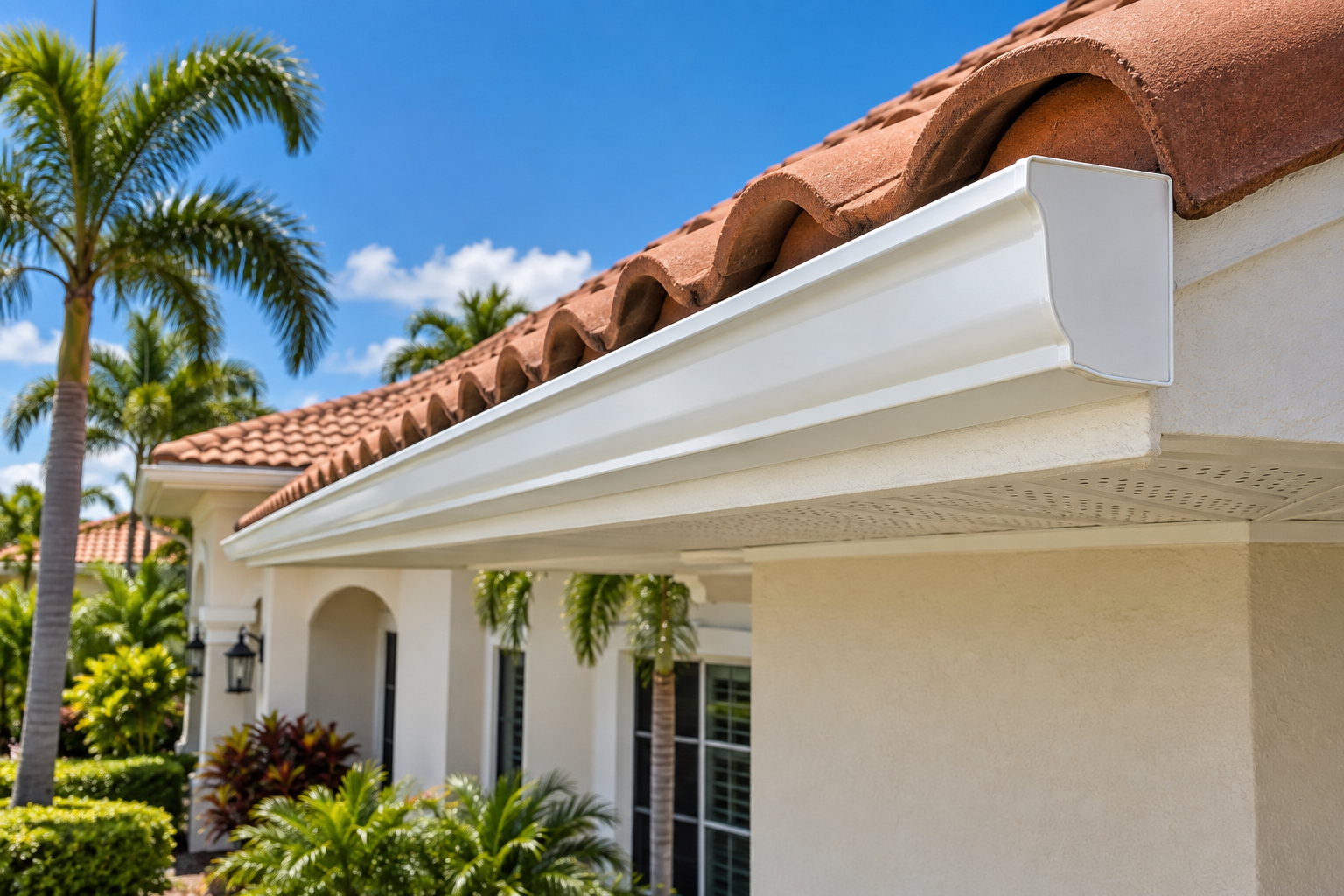 Close-up of sealant being applied to a white aluminum gutter end cap on a Florida home.
