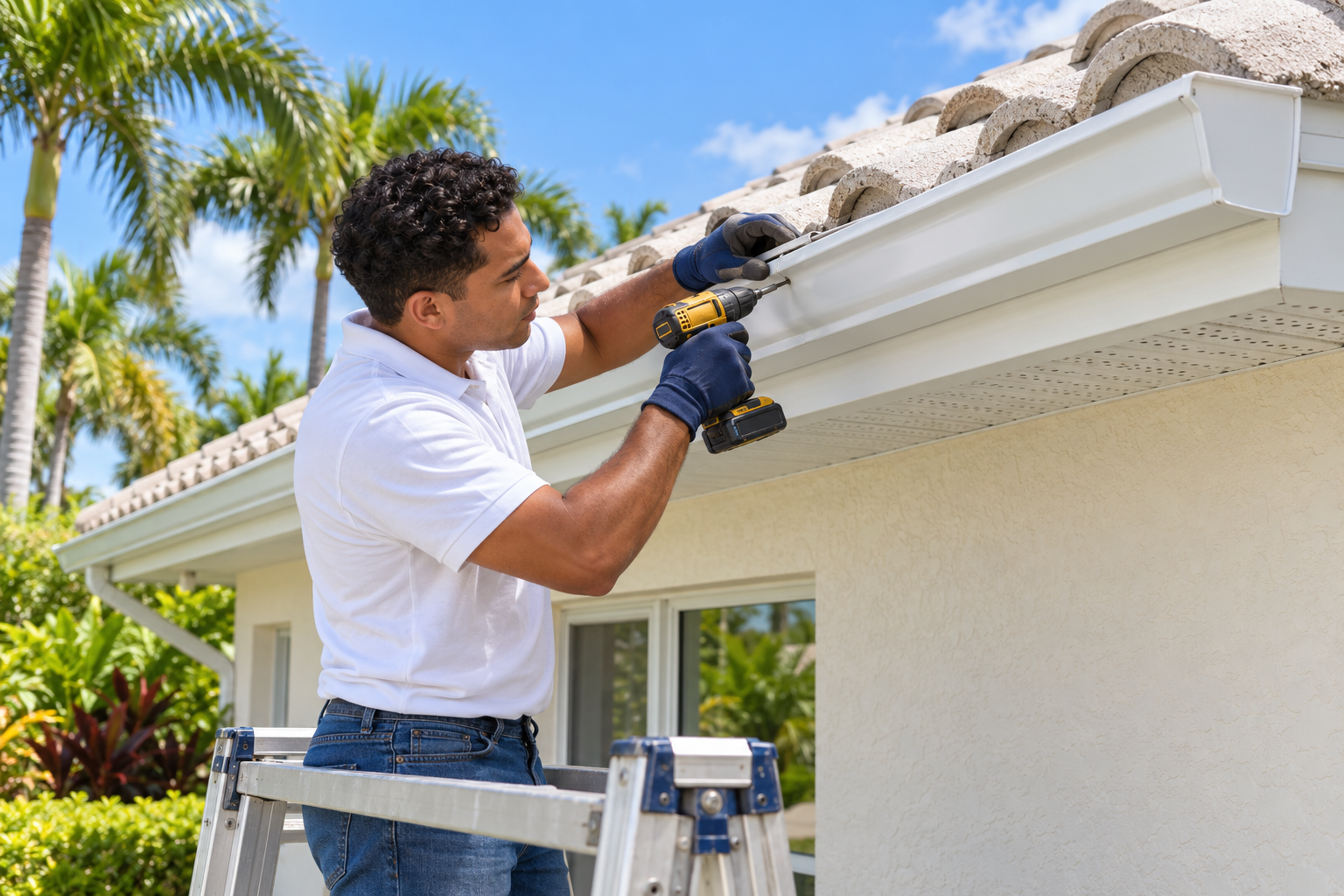 Technician installing white seamless gutters on a Florida home.
