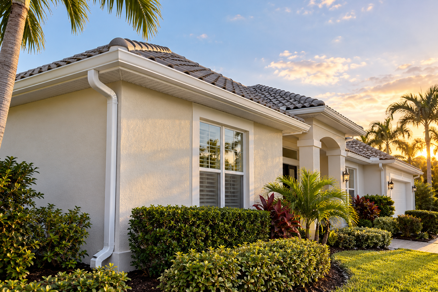 White seamless gutters and downspout on a Sarasota-style Florida home.