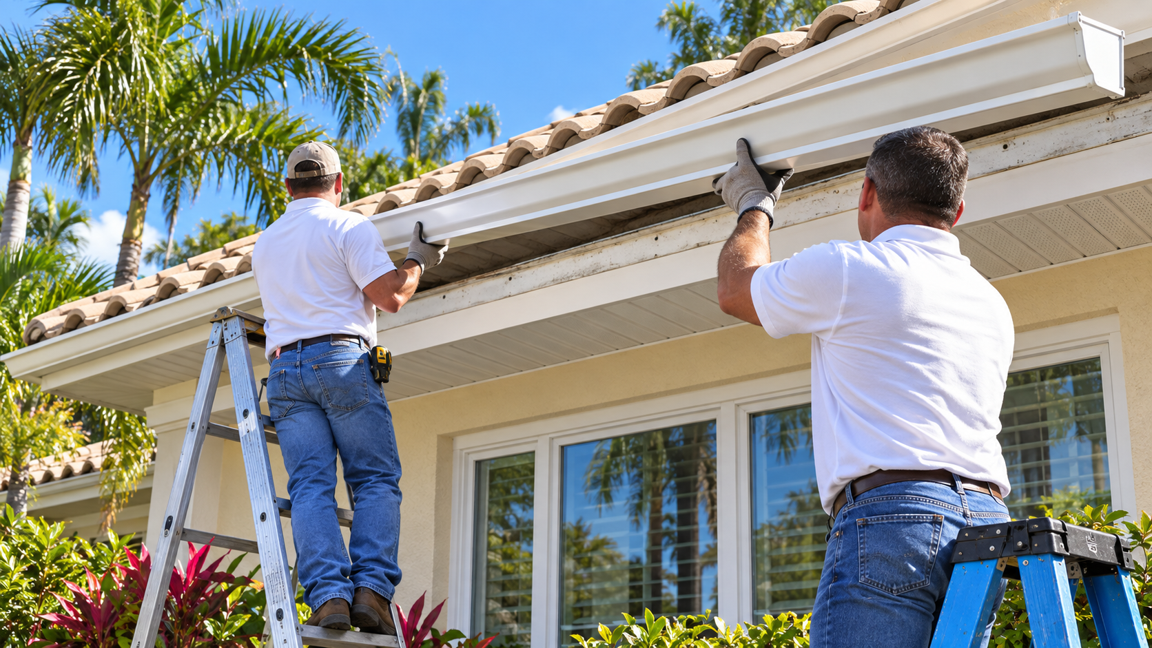 Technicians in white polos removing a seamless gutter from a Florida home.