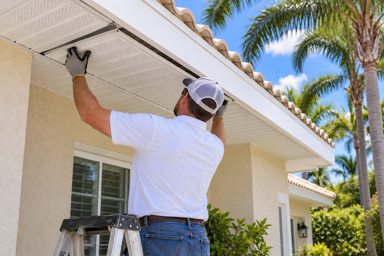 Technician installing white aluminum soffit beneath the fascia on a Florida home.