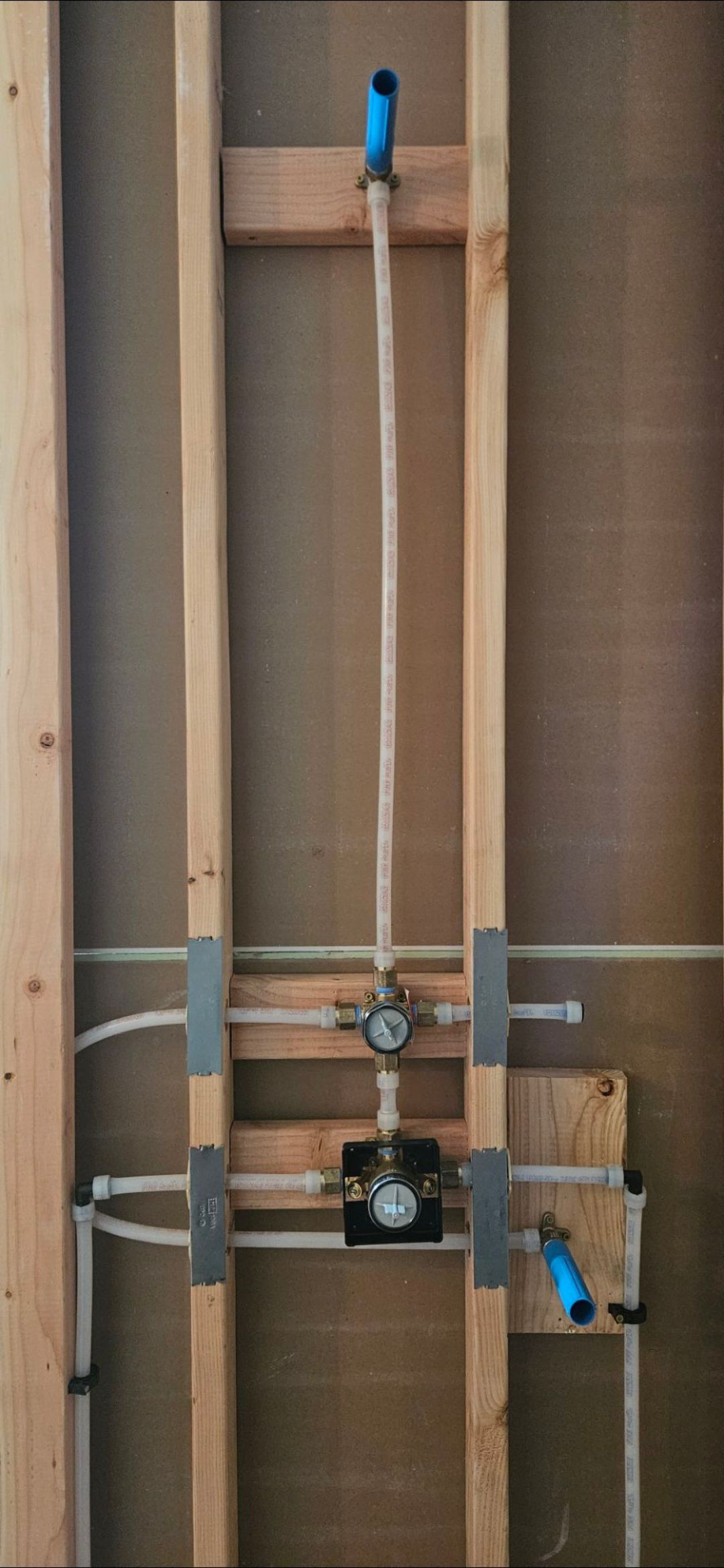 PEX plumbing lines and valves installed between wall studs, featuring a shower riser and control handles.
