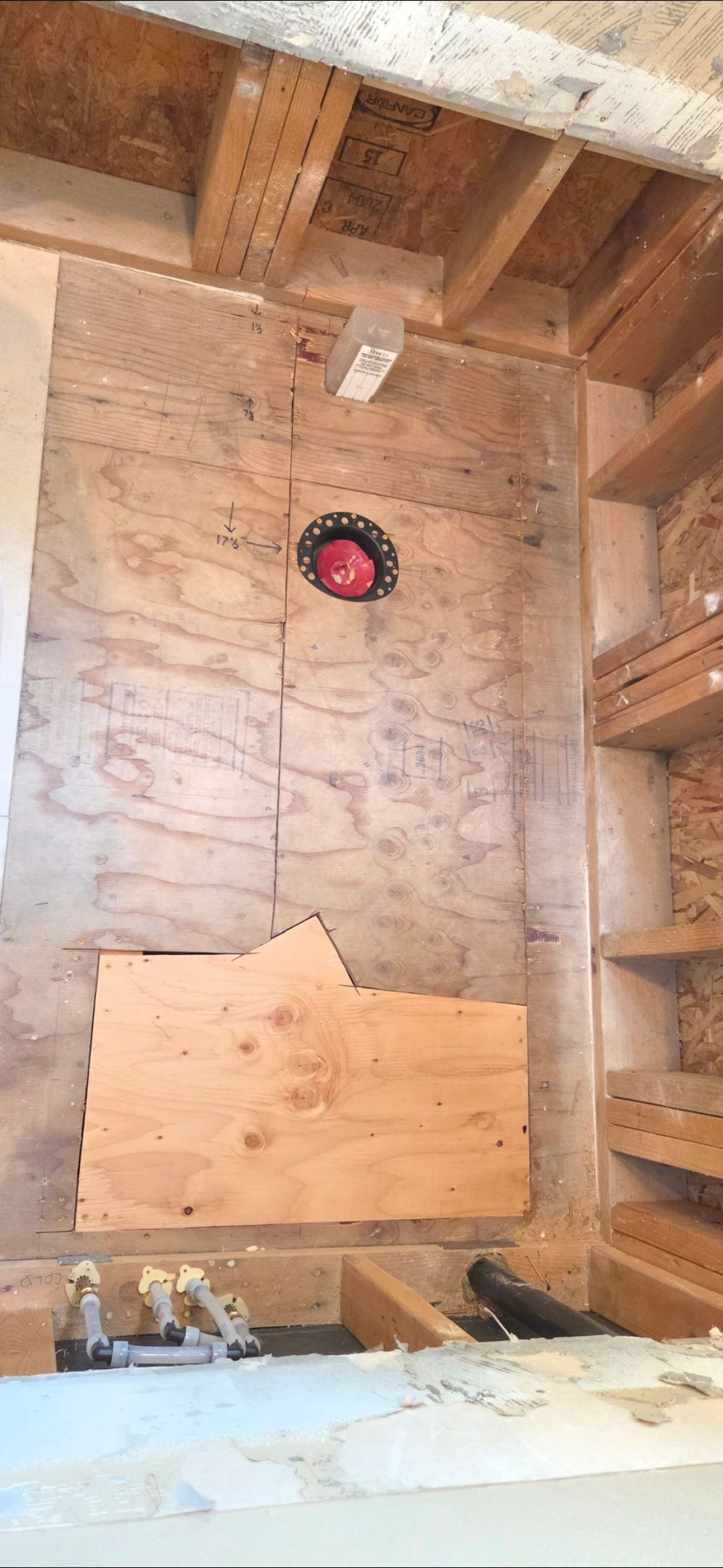 Unfinished wall framing with exposed wooden studs, plywood sheathing, plumbing pipes, and a capped drain in a room.