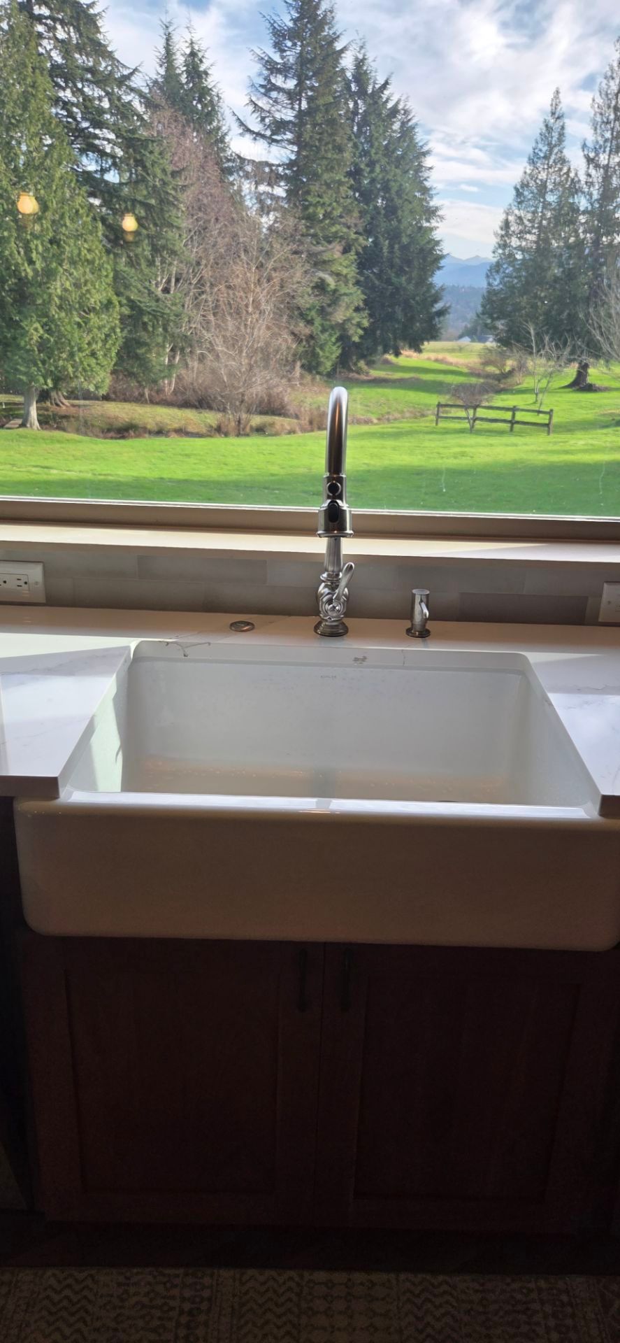 A white farmhouse sink with a view of a green field, trees, and sky from a window.