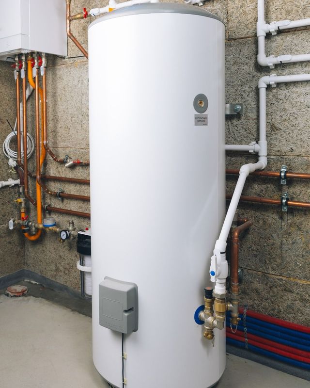 White water heater in a basement with copper and plastic pipes.