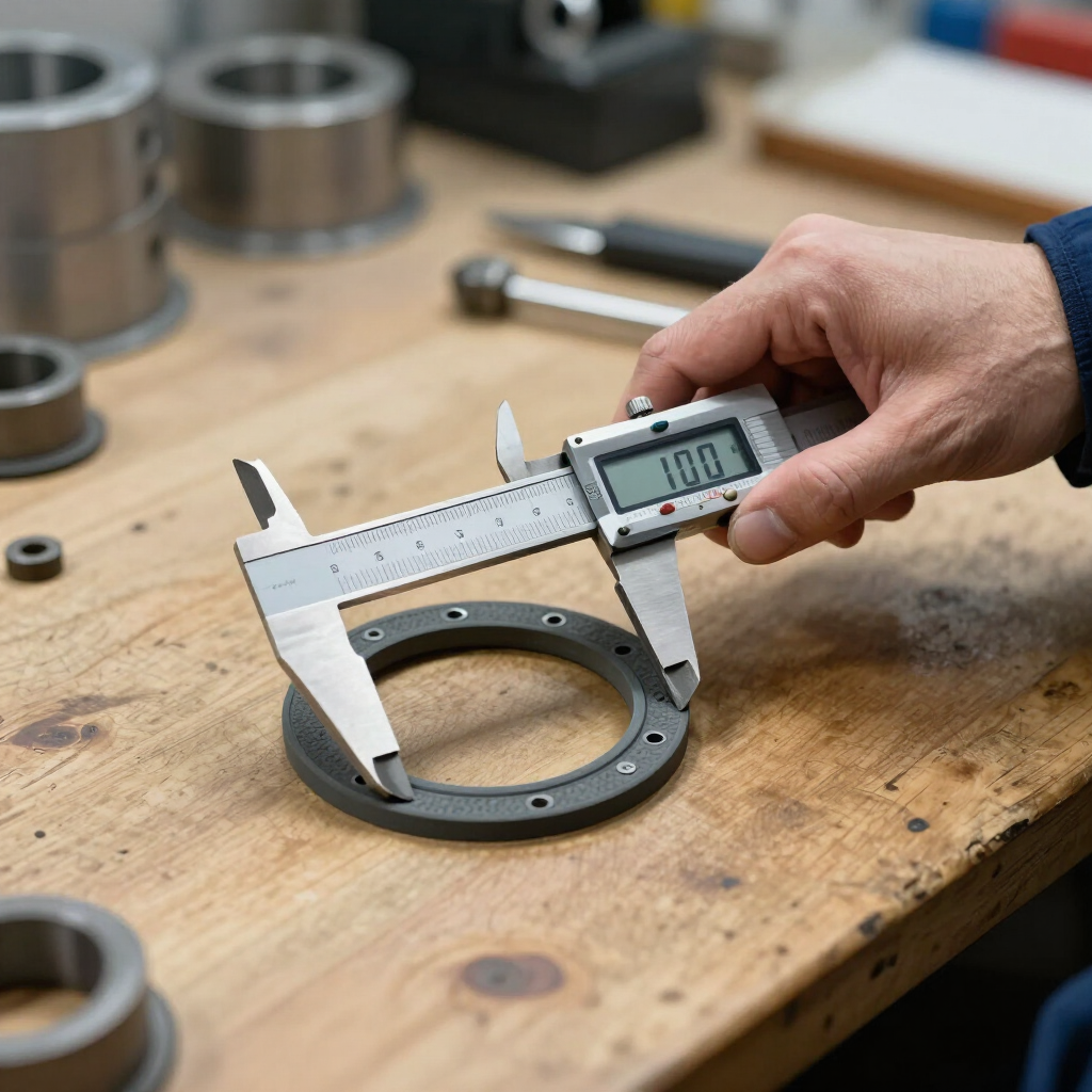 Hand using digital calipers to measure a metal ring on a workbench
