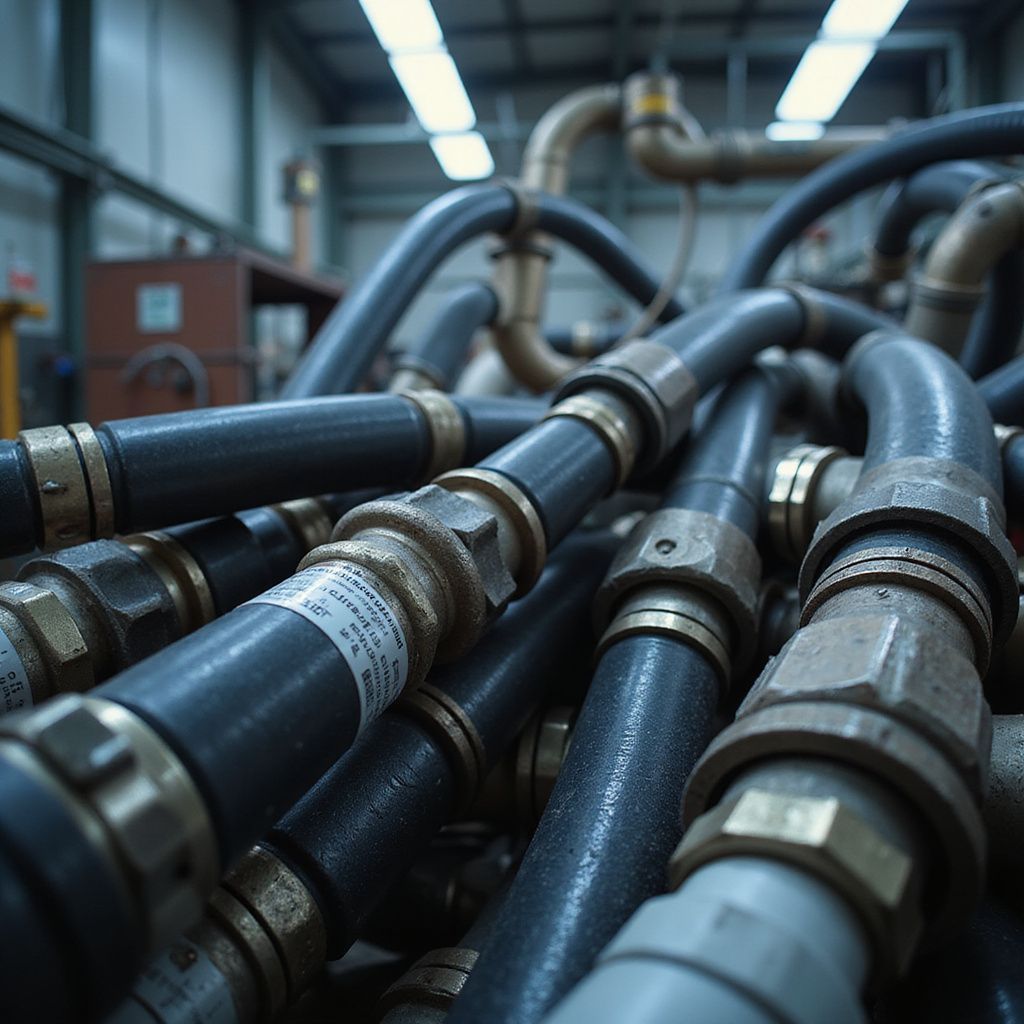Close-up of industrial pipes and metal hoses in a factory corridor