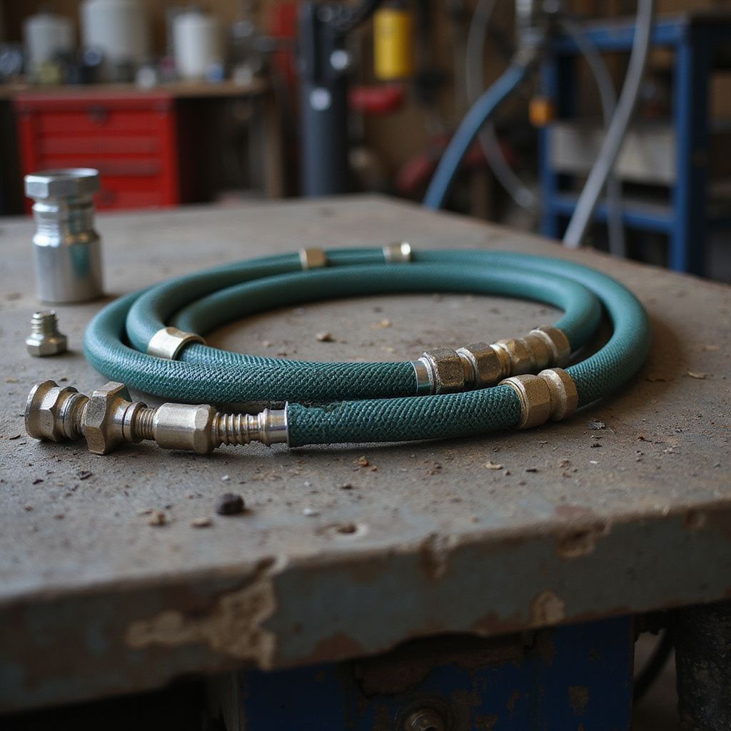 Coiled green air hose with metal fittings on a dusty workshop workbench