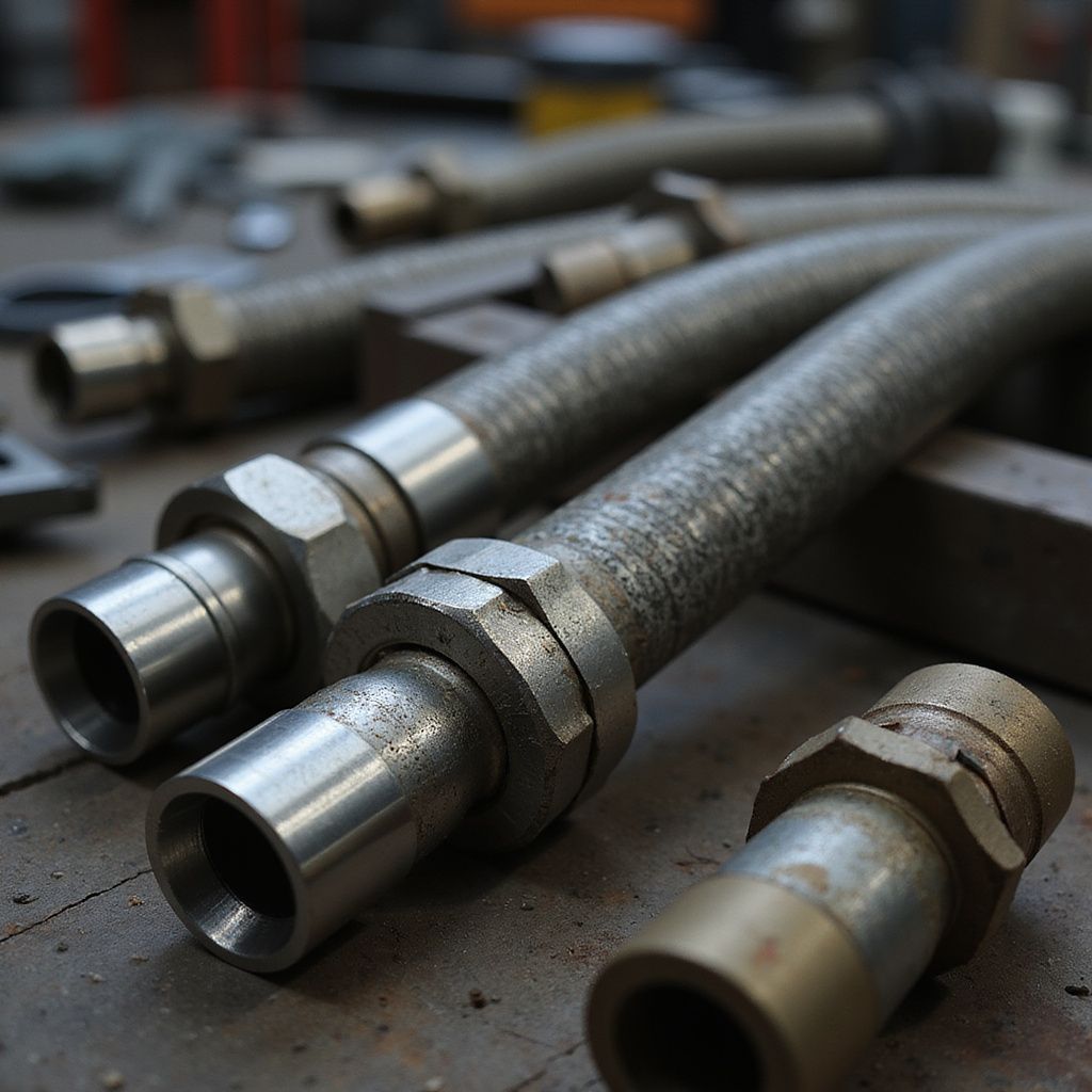 Close-up of coiled metal hoses with shiny fittings on a workshop floor