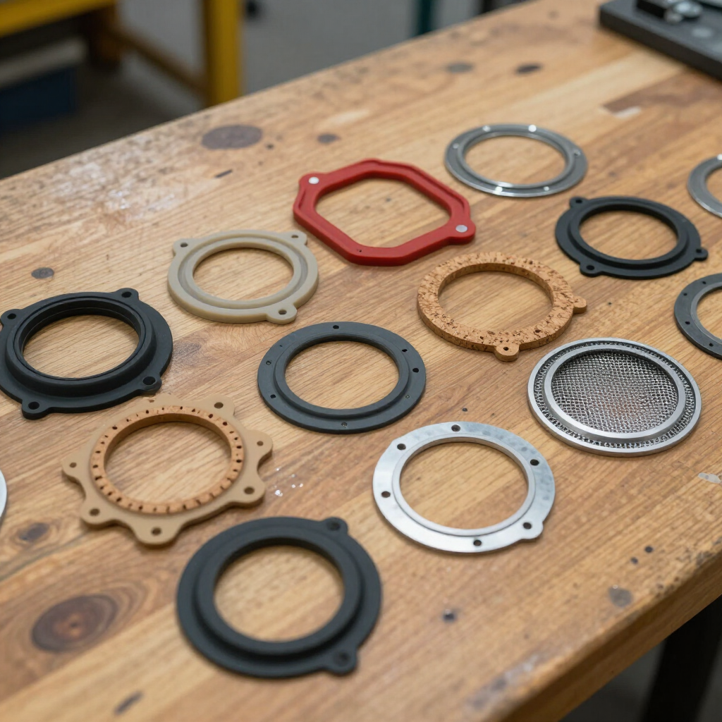 Assorted metal and rubber rings and gaskets laid out on a wooden workbench
