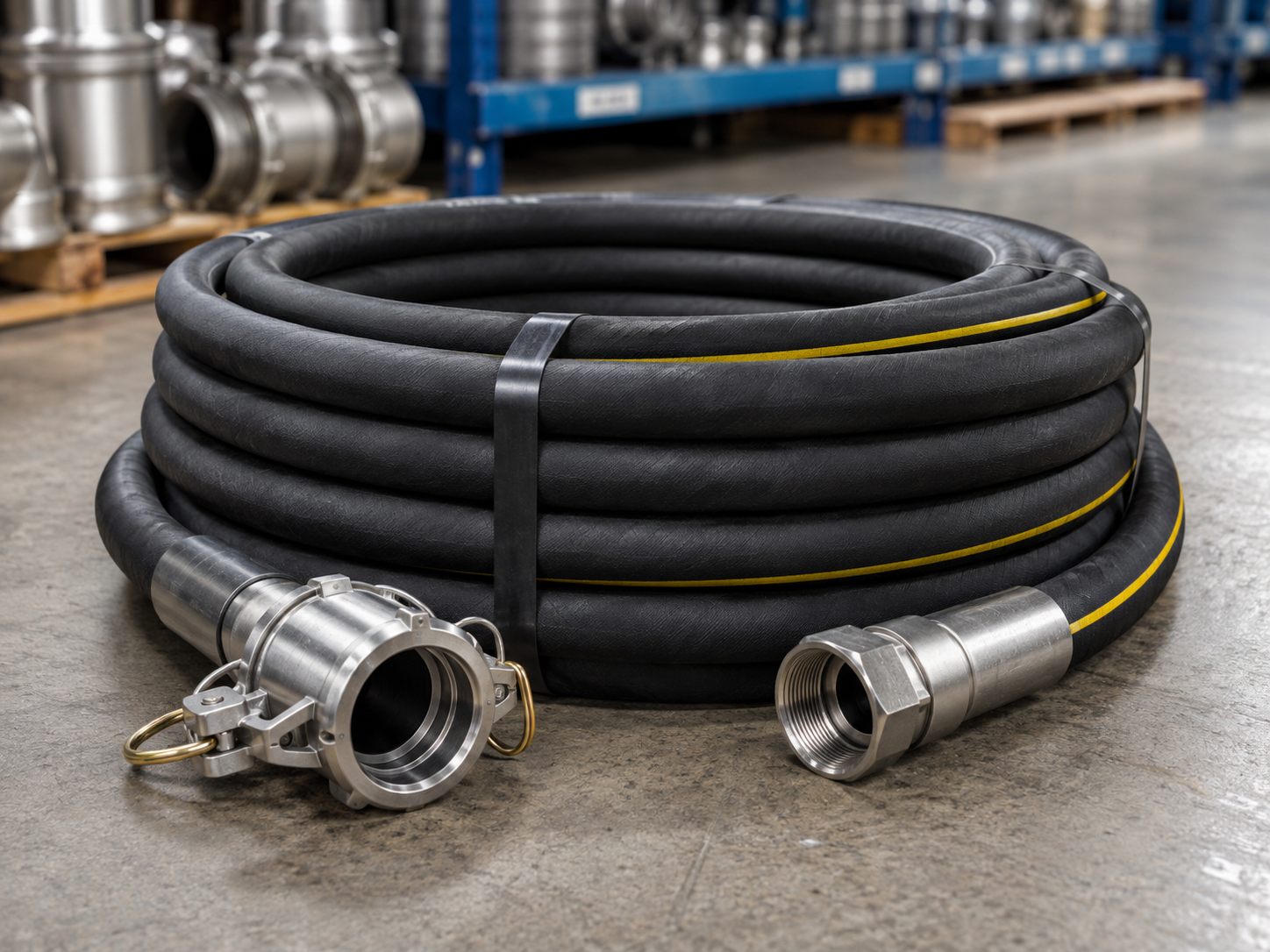 Acid and chemical transfer hose with industrial couplings from Industrial Rubber and Supply
