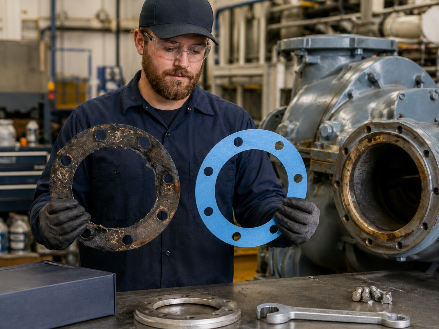 Worker holding two metal gaskets in an industrial workshop, one rusty and one blue.