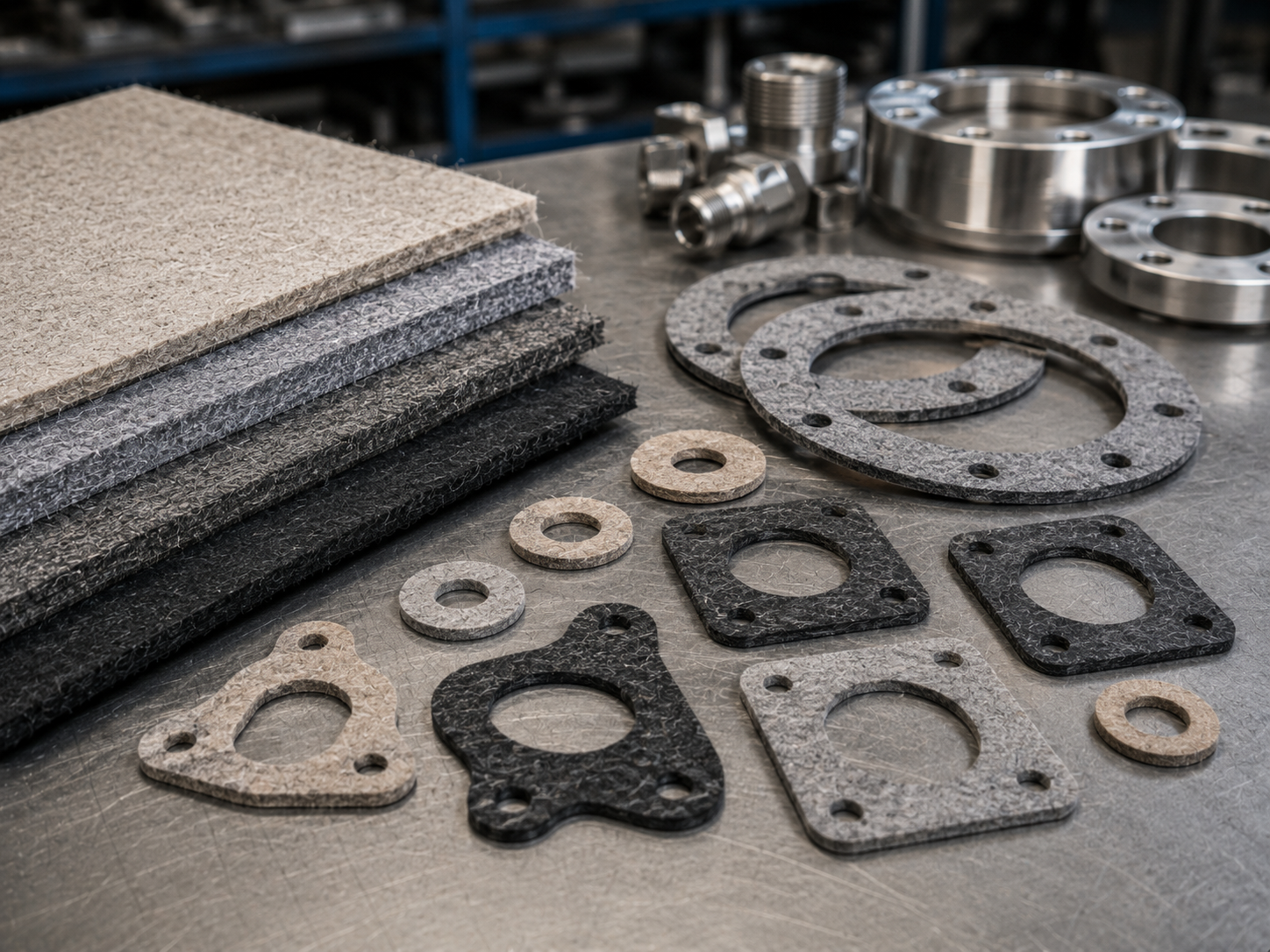 Stacked gray felt gasket sheets and cut gaskets on a workbench in a machine shop