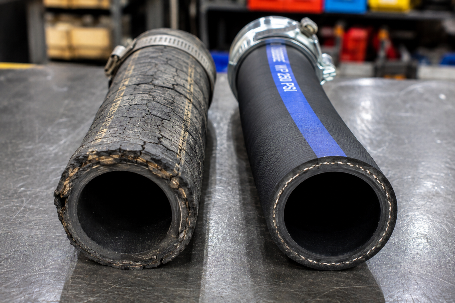 Two rubber hoses side by side, one worn and cracked, one black with a blue stripe.