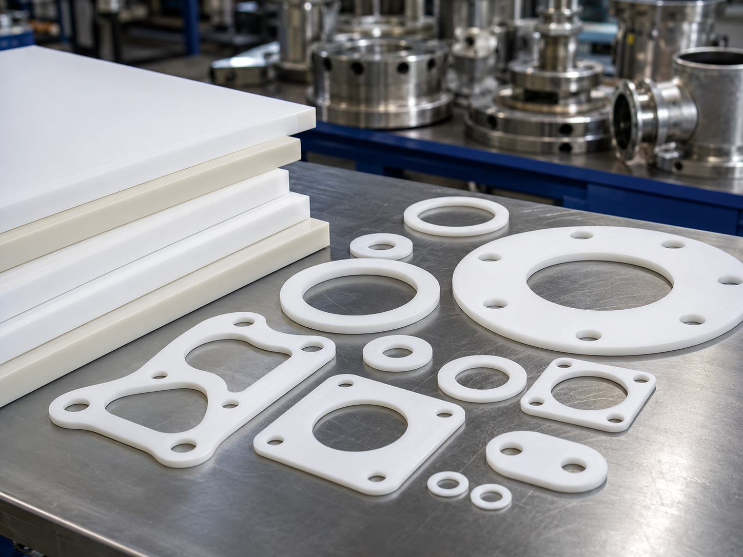 White PTFE industrial gaskets and foam sheets arranged on a metal workbench in a factory setting