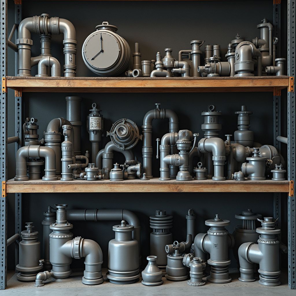 Shelves filled with gray industrial pipes, valves, and gauges in a workshop-like display
