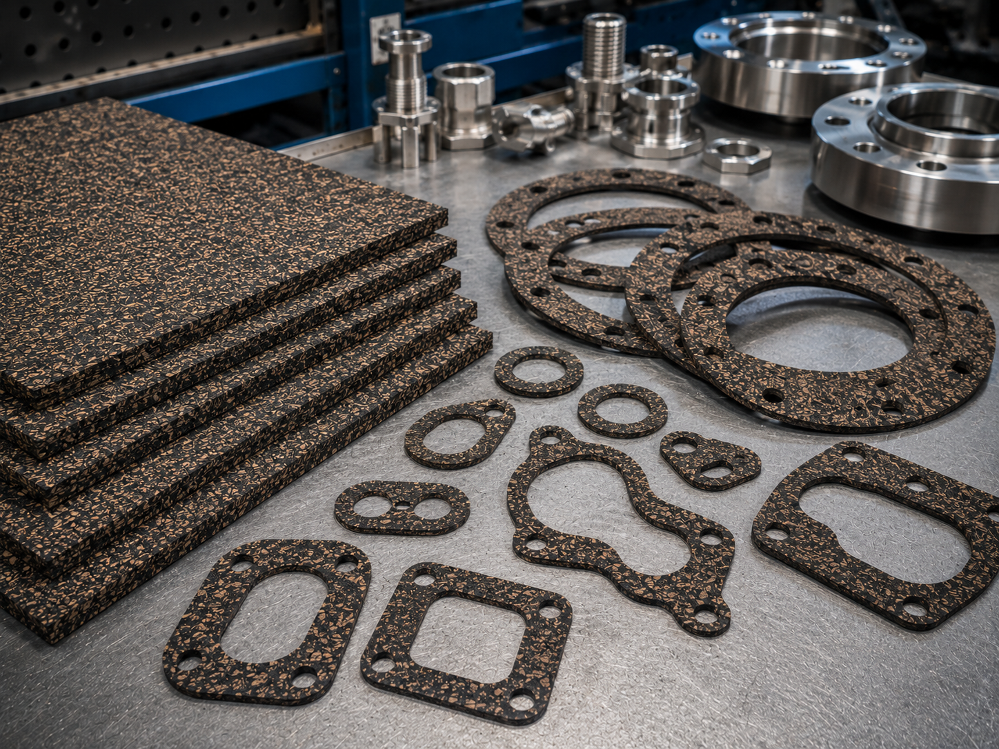Cork Rubber Gaskets and metal parts laid out on a workbench in an industrial workshop