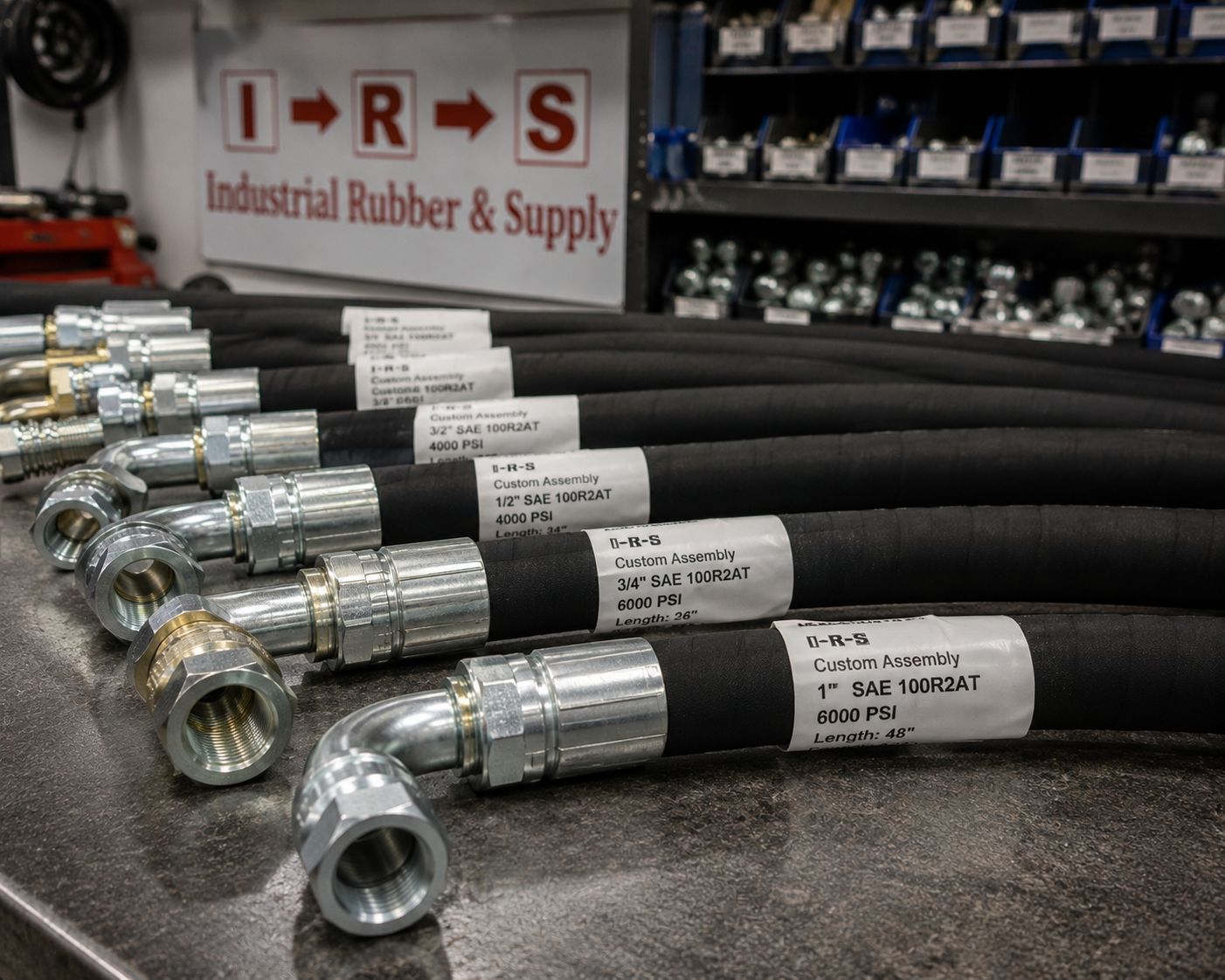 Black industrial hoses with metal fittings stacked in Industrial Rubber Supply store aisle.