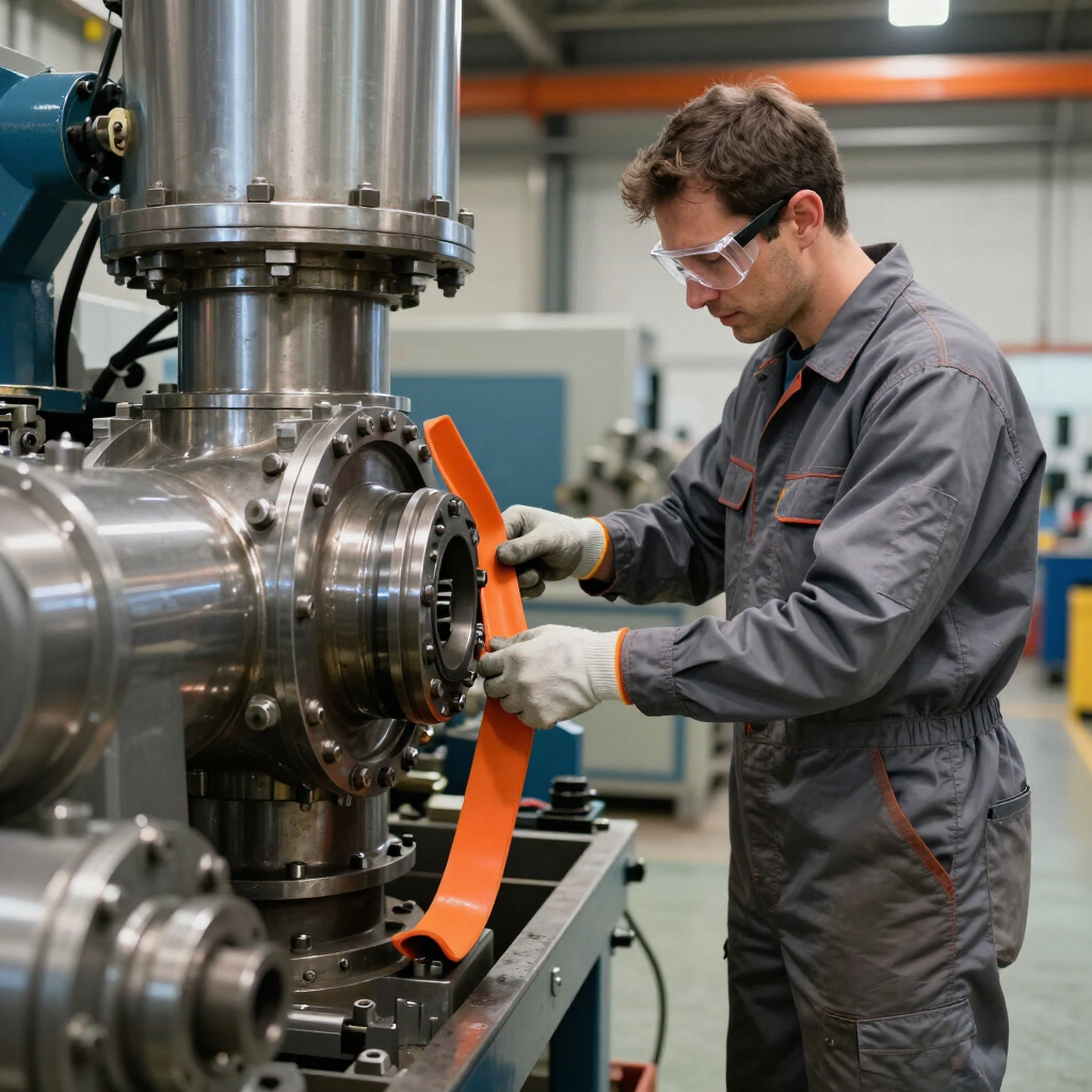 Technician in gray coveralls and safety glasses adjusts orange strap on industrial machinery in a factory