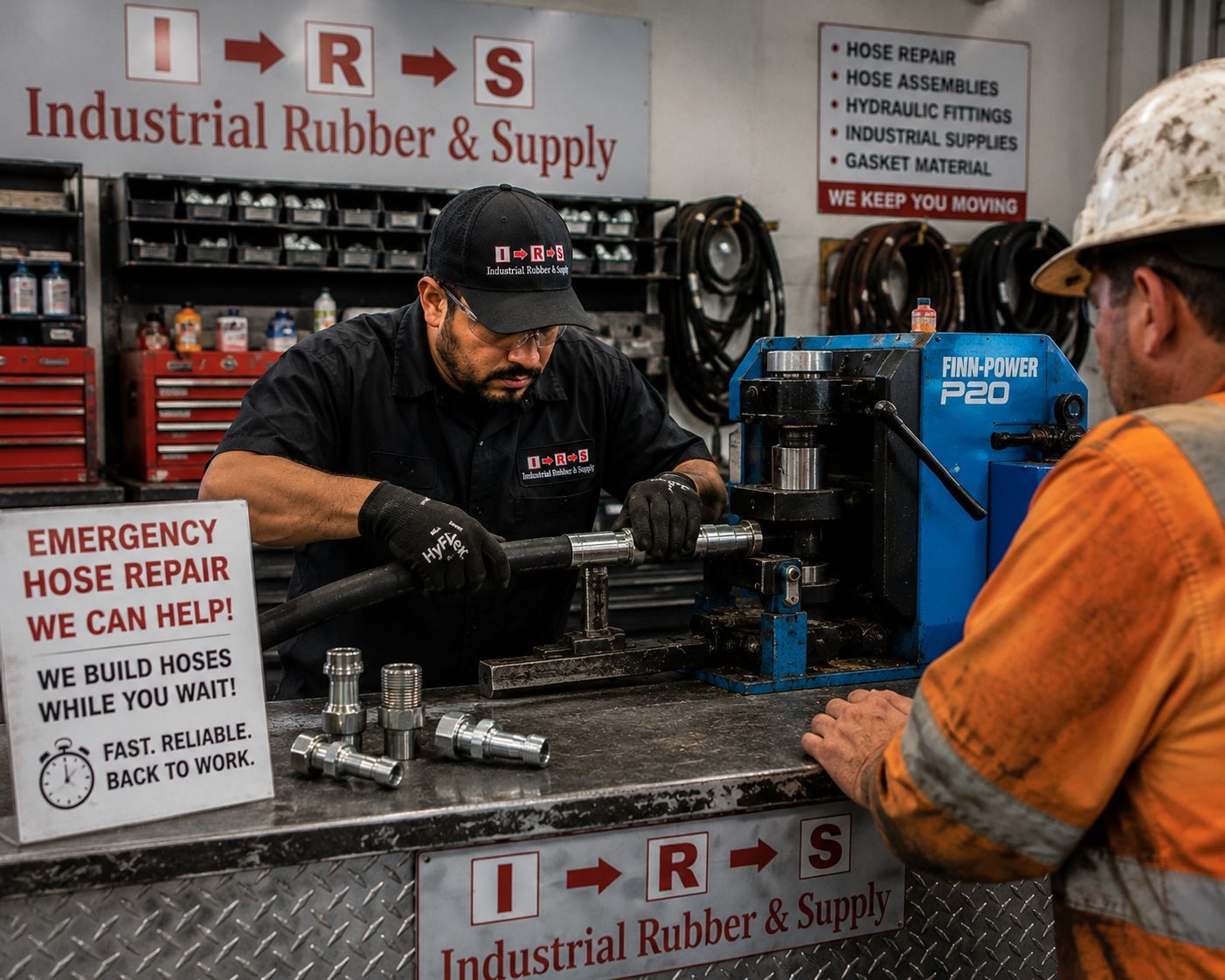 Workers servicing a hose at an Industrial Rubber & Supply counter with emergency hose repair sign.