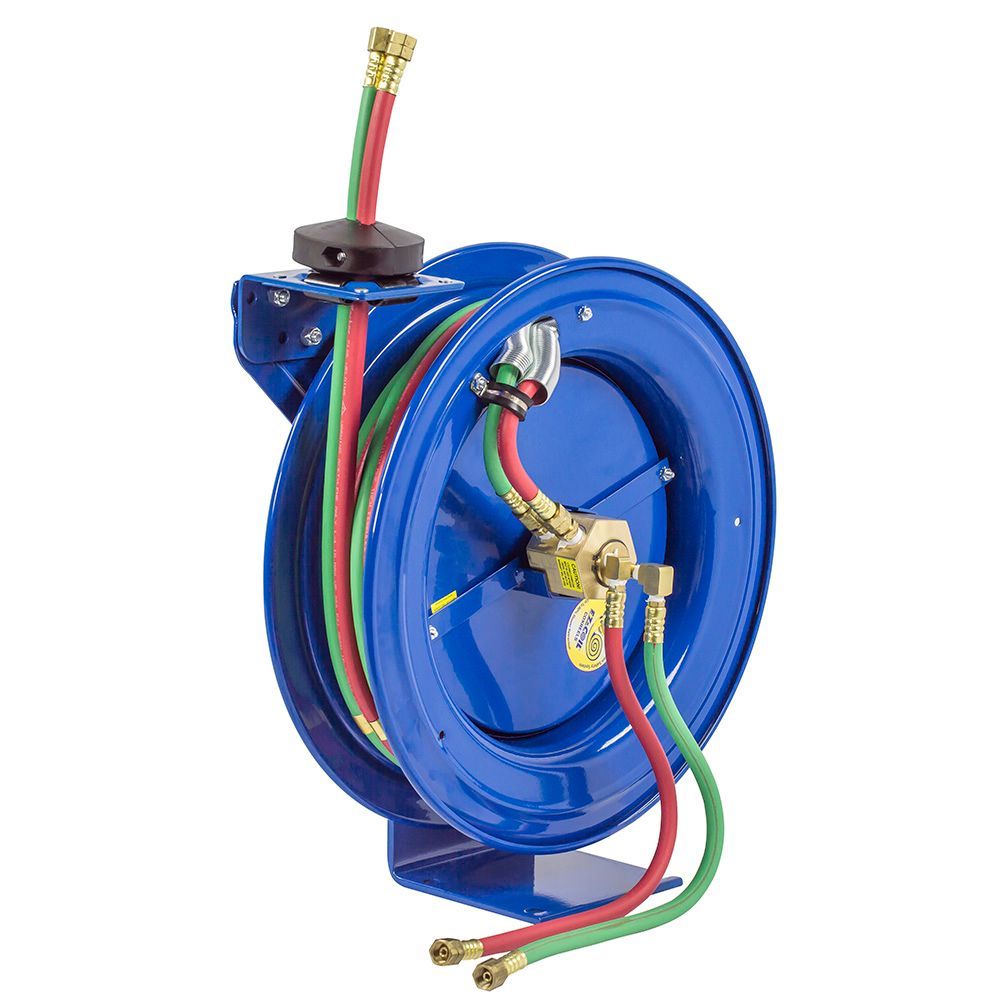 Blue retractable hose reel with attached red, green, and yellow hoses on a wall mount