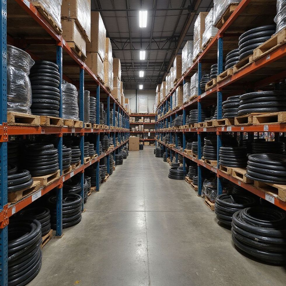A warehouse aisle with tall shelves stacked with black coiled tires and boxes on both sides.