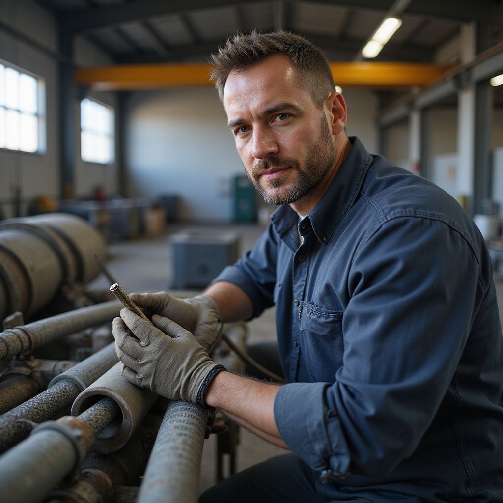 Technician in blue work shirt and gloves inspecting industrial pipes in a workshop