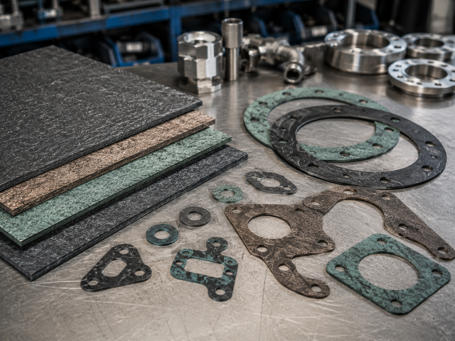 Fiber Gaskets and textured sheets arranged on a metal workbench in an industrial workshop