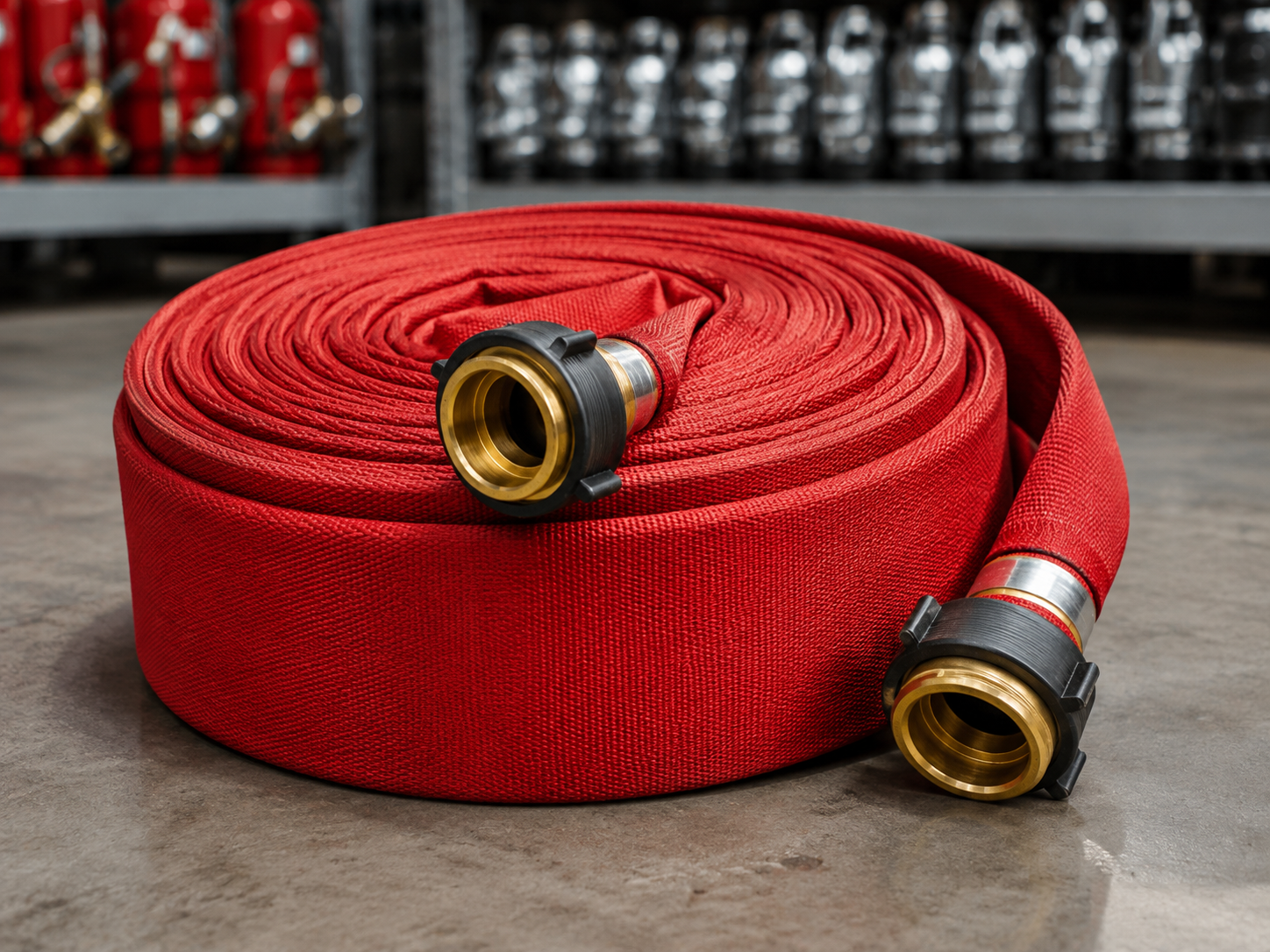 Industrial fire hose with couplings available from Industrial Rubber and Supply