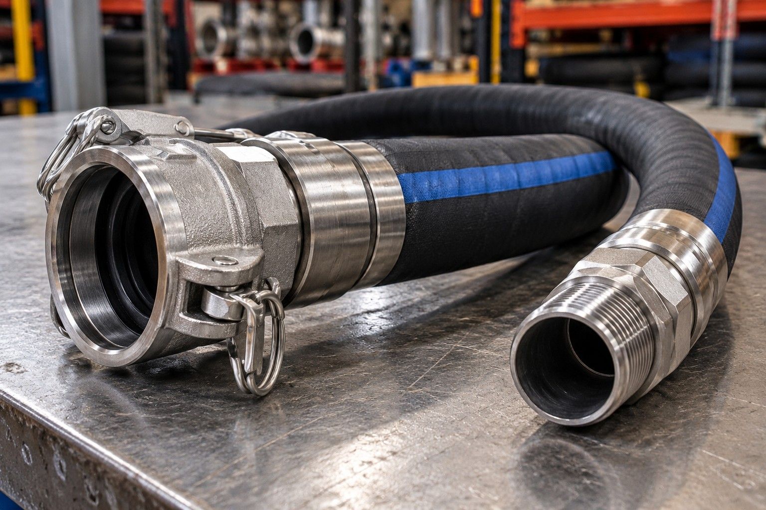 Heavy-duty industrial hose assembly with metal fittings and couplings