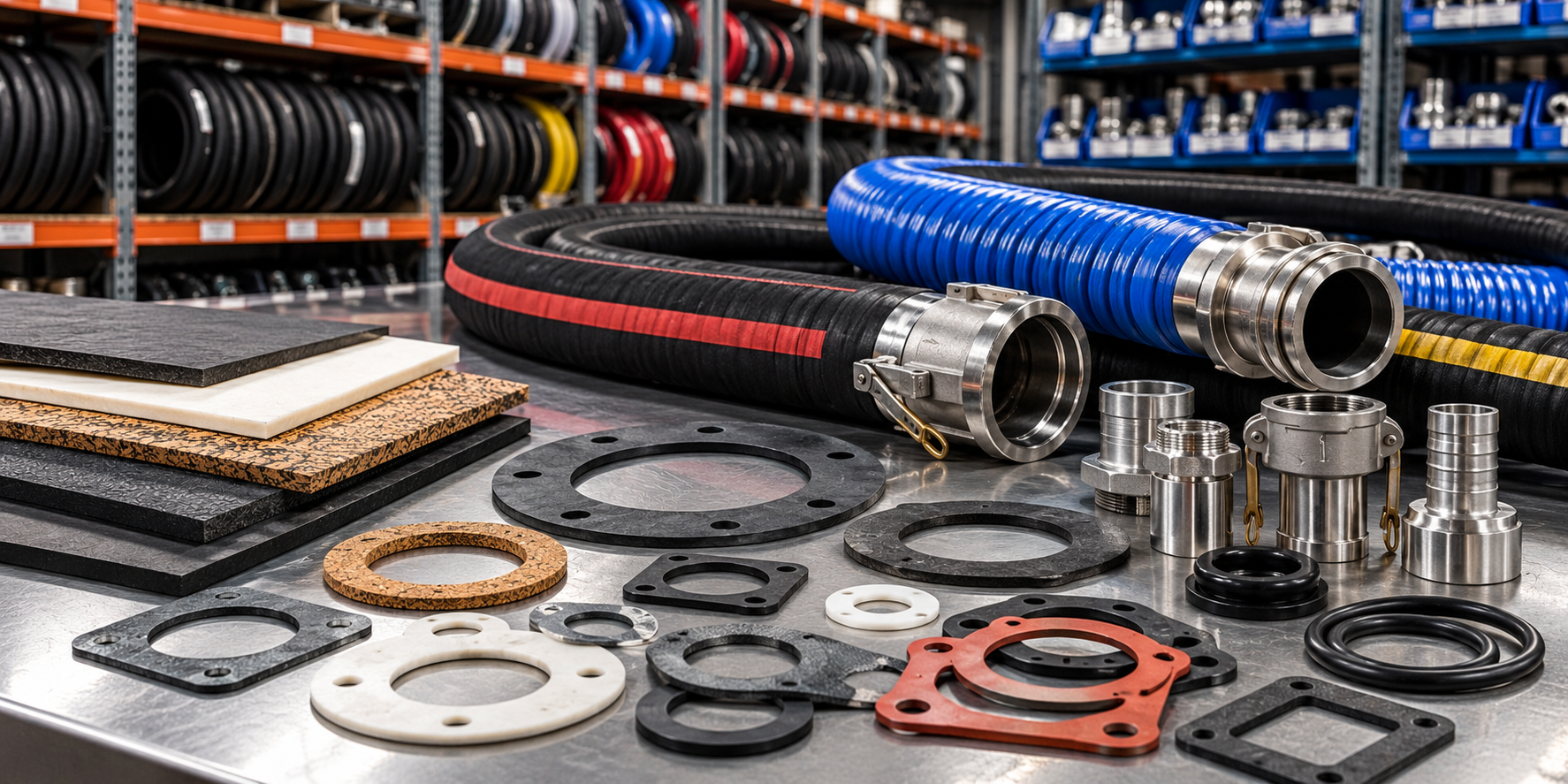 Industrial hoses, metal fittings, gaskets, and flanges arranged in a warehouse aisle