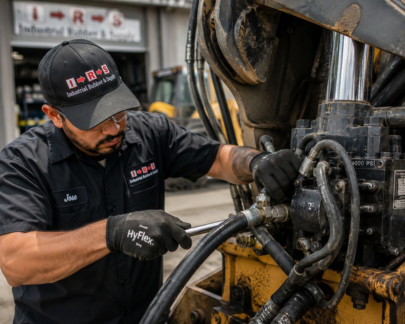 Technician performing hydraulic hose repair near Riverside CA for construction and equipment use