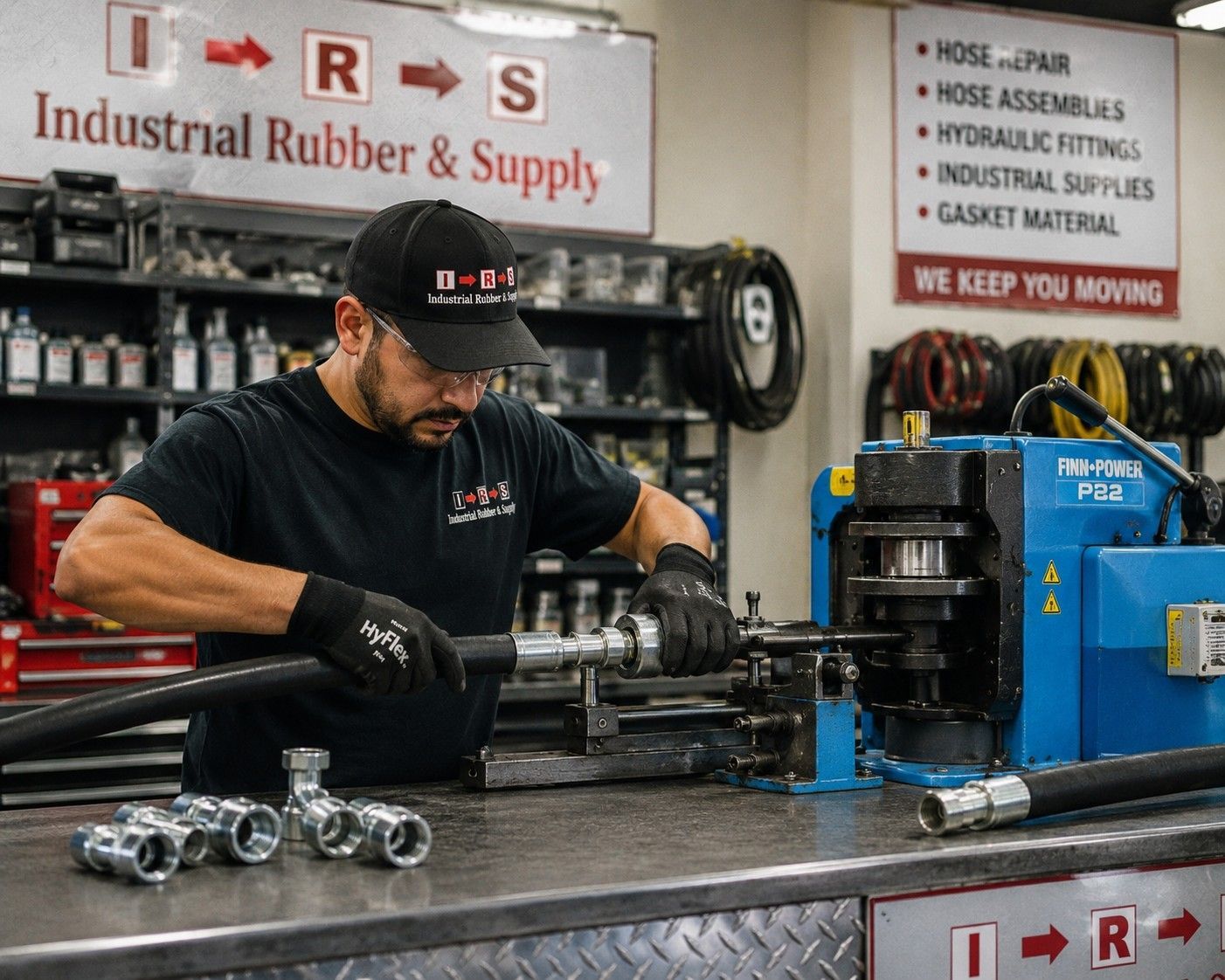 Technician performing hydraulic hose repair near Ontario CA with same day custom hose assembly service