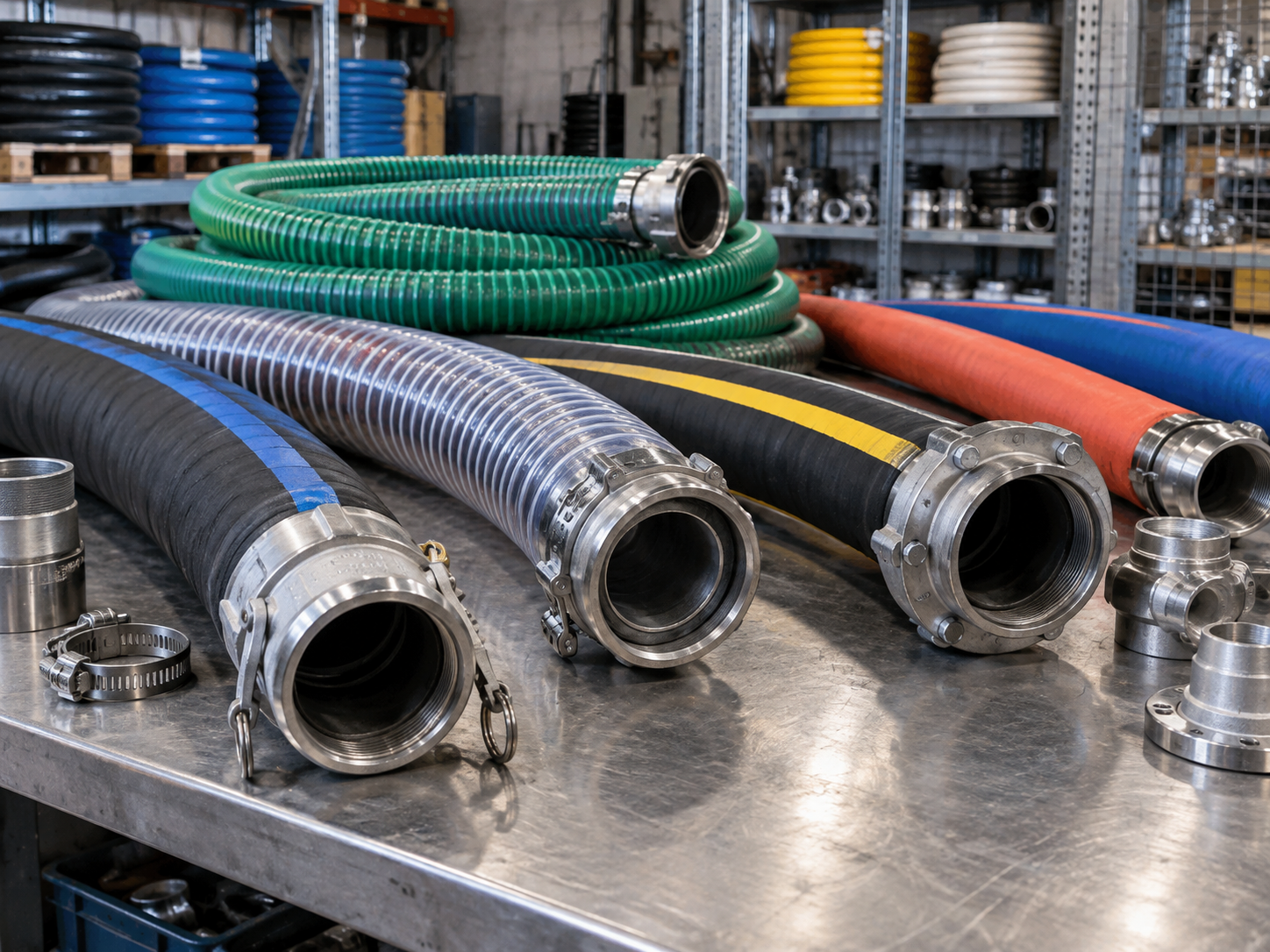 Heavy-duty industrial hoses and fittings on a worktable in an industrial supply shop