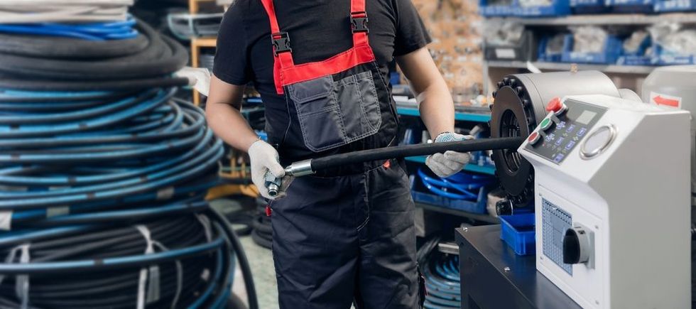 Worker using a black hose in an industrial setting beside coiled blue hoses and a control panel