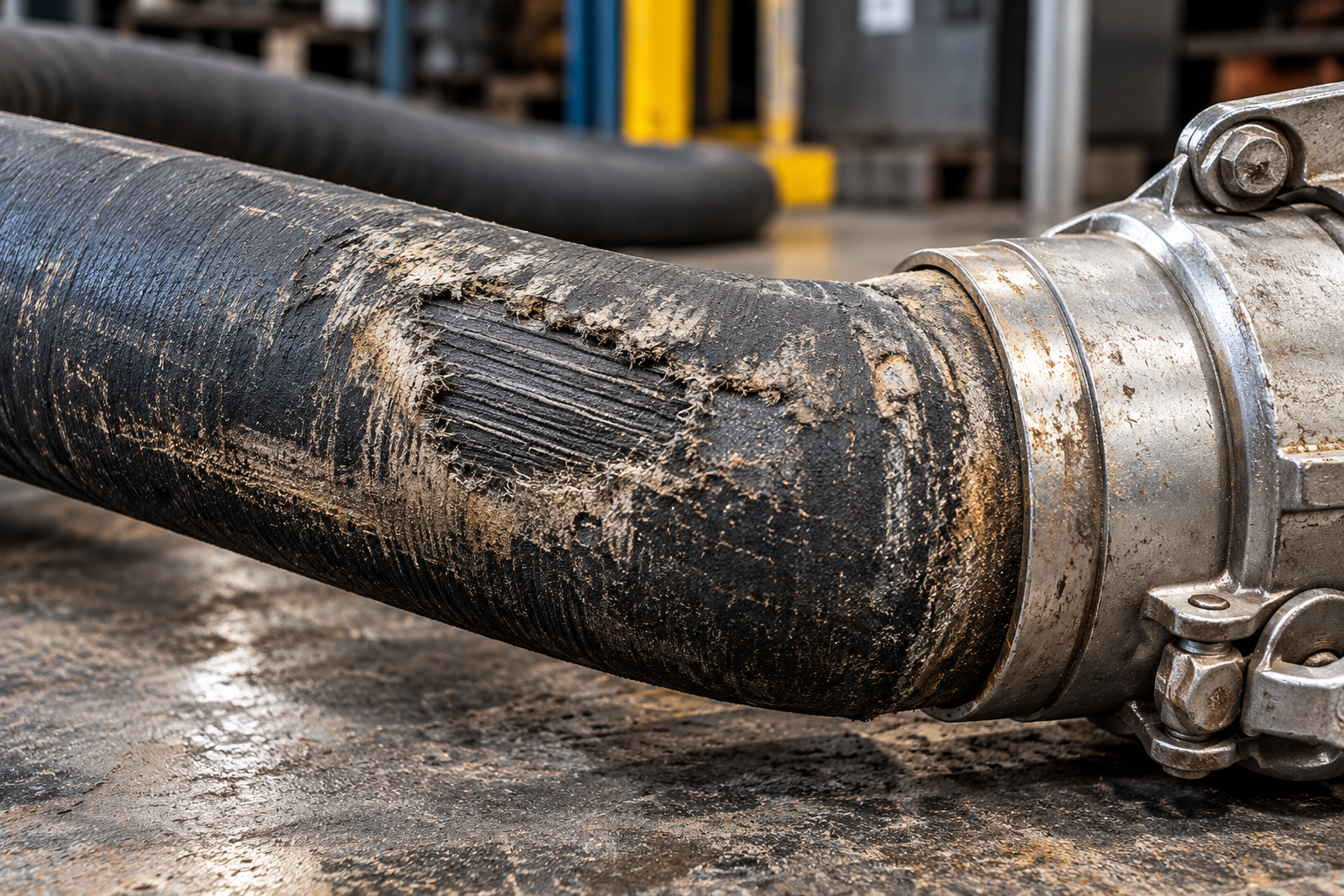 Heavy-duty industrial hose showing abrasion and outer-cover wear