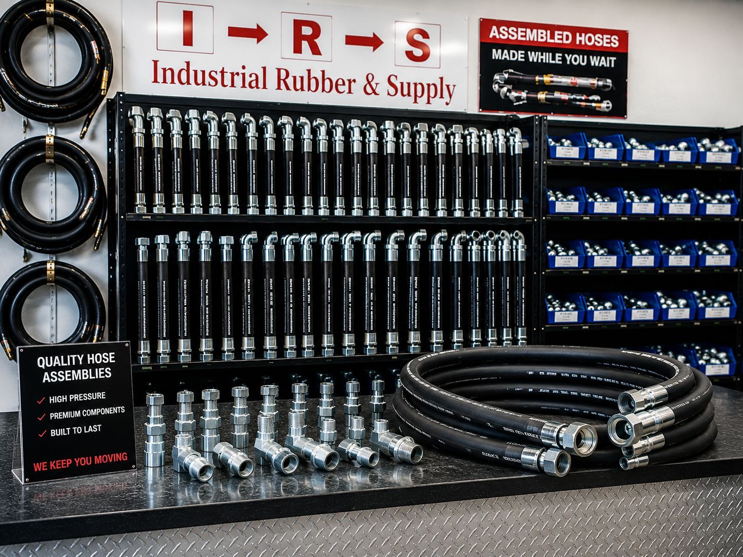 Large inventory of hydraulic fittings and industrial hose supplies serving Ontario CA industrial and warehouse operations