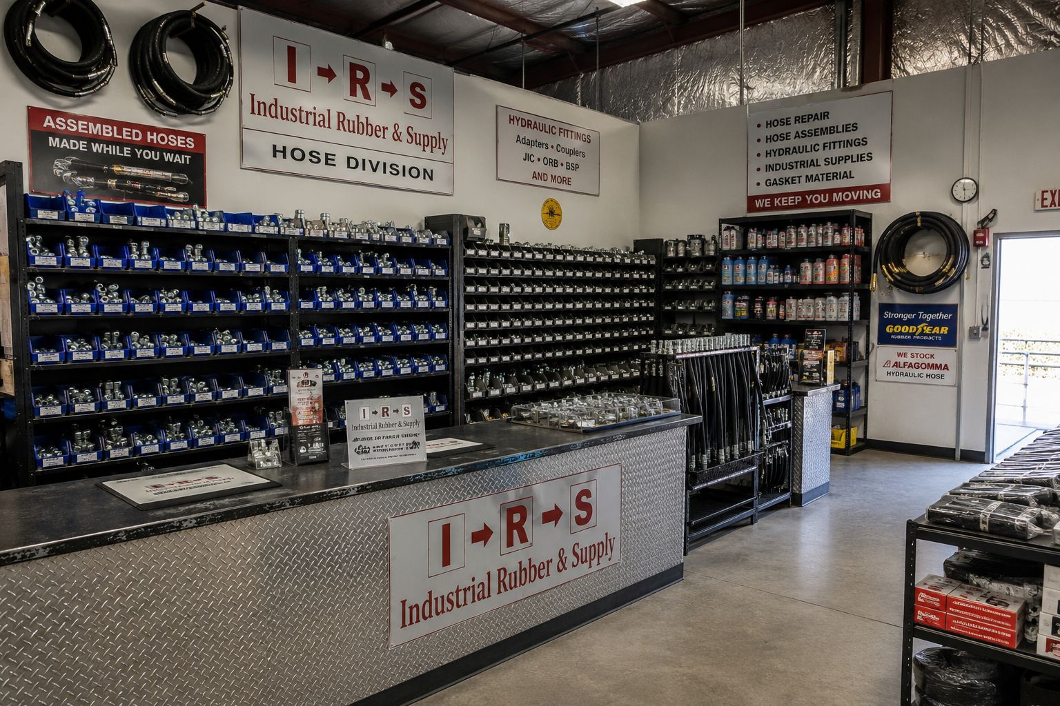Industrial hose and fittings inventory supporting Ontario CA warehouse and logistics operations