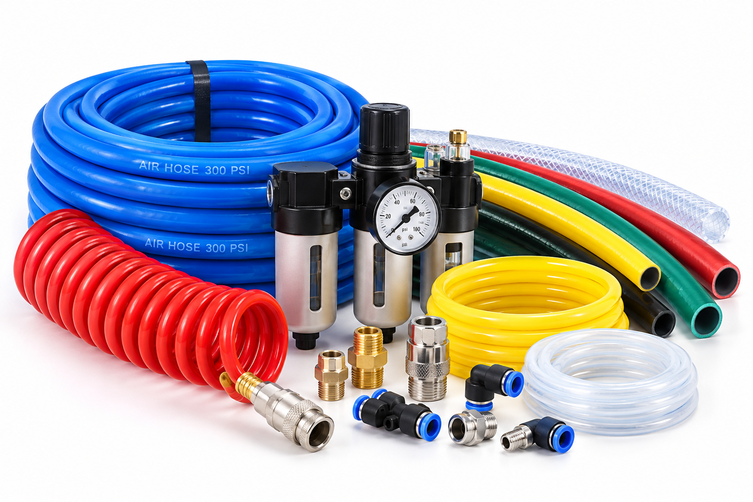 Pneumatic hoses regulators filters gauges and quick-connect fittings