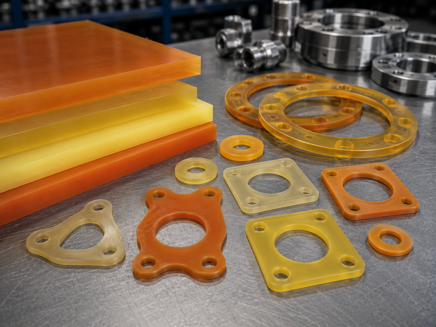 Assorted orange, yellow, and metal urethane gaskets and spacers arranged on a workbench.