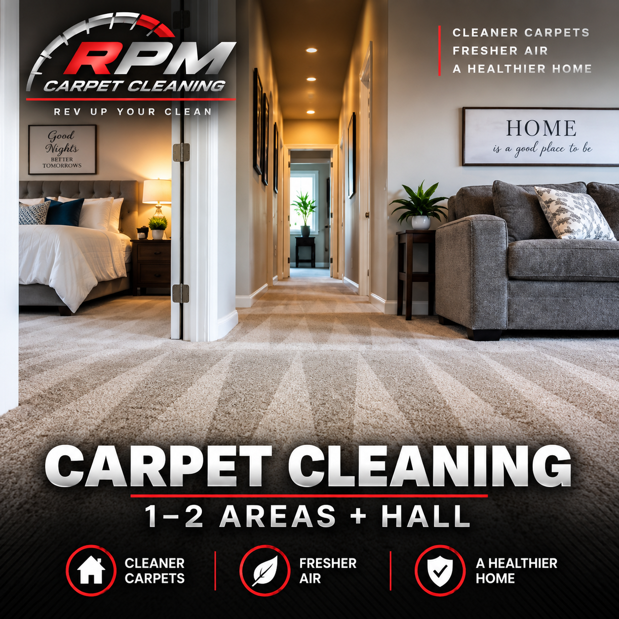 Carpet cleaning ad showing a bright home hallway, bedroom, and living room with “1-2 areas + hall” text