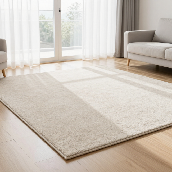 Bright living room with a large beige rug on light wood floor near a sofa and sheer curtains