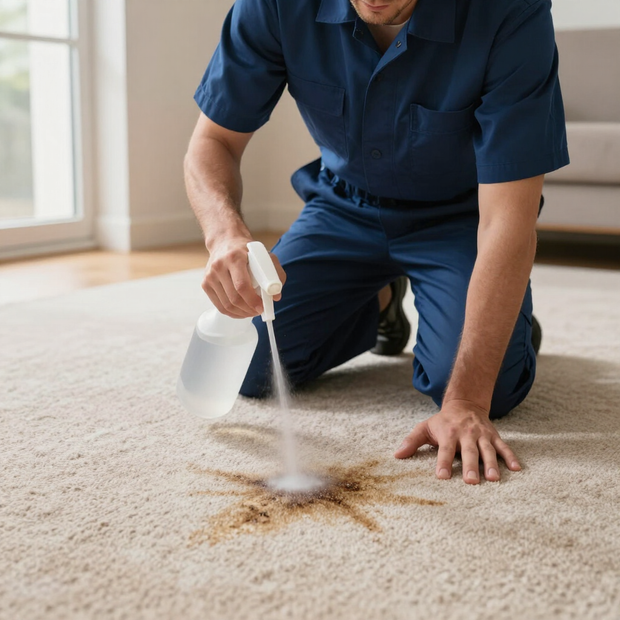 Person kneeling on carpet sprays stain cleaner on a brown spill near a window.