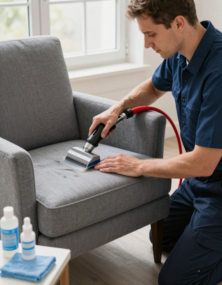 Technician cleaning a gray sofa with an upholstery vacuum in a bright living room