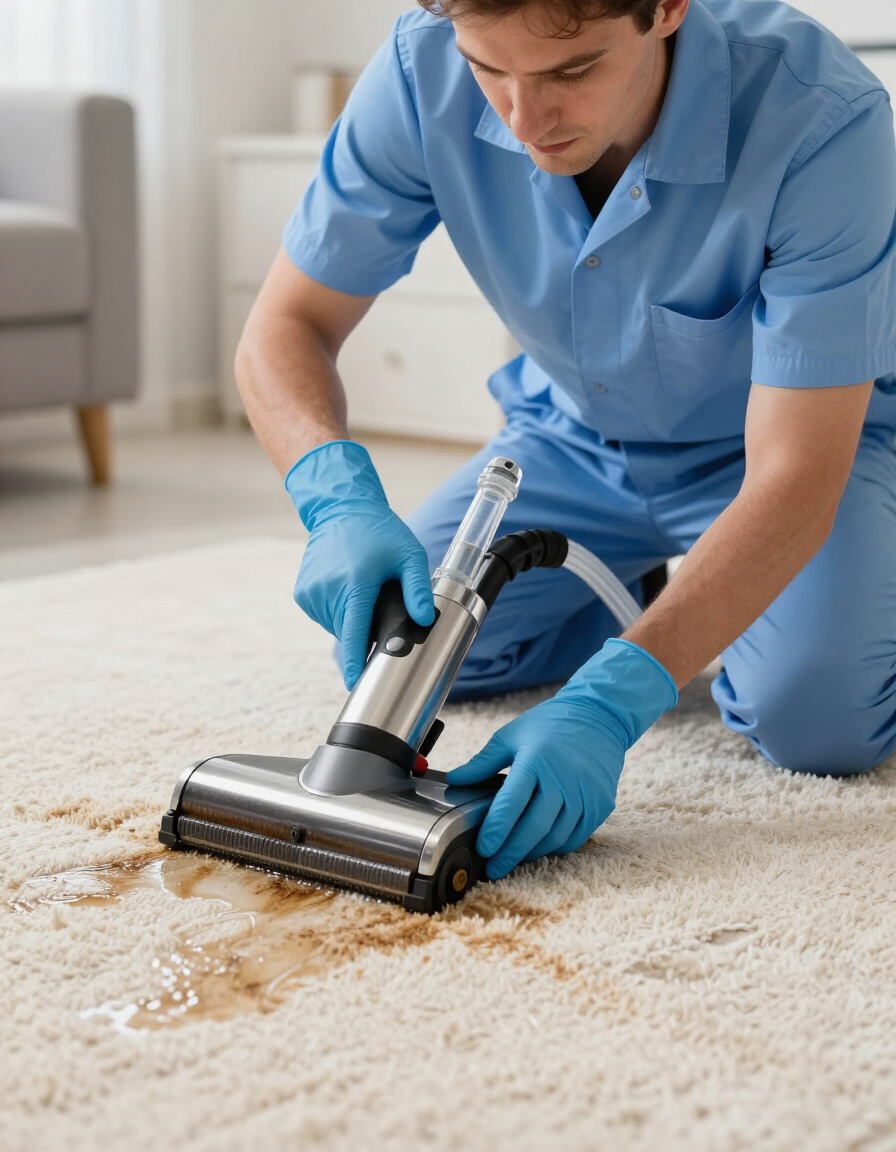 Person using a vacuum tool to clean a beige carpet stain