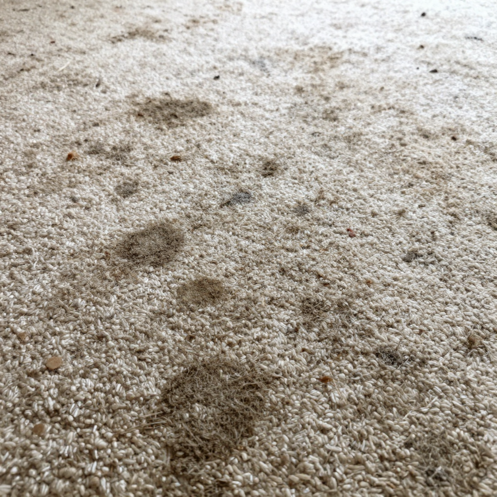 Close-up of beige carpet with several dark muddy footprints and scattered dirt spots