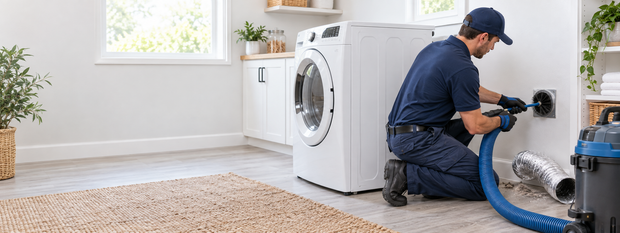 Technician repairing a washing machine in a bright laundry room with a vacuum hose nearby