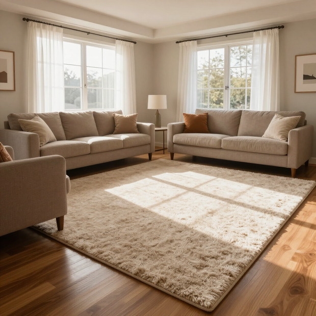 Person vacuuming a beige rug in a living room with a wet-dry vacuum cleaner