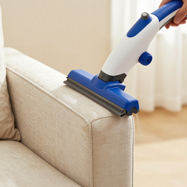 Vacuum cleaner nozzle cleaning a beige sofa armrest indoors